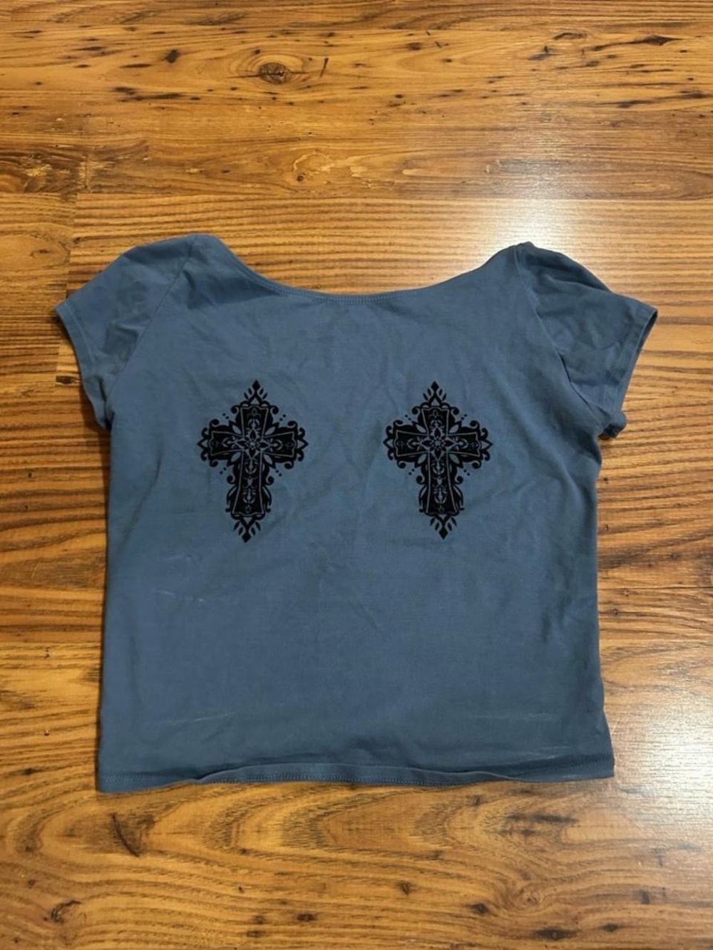 Kimchi Blue Slate Blue Cropped Open Back Tee with Black Cross Motifs